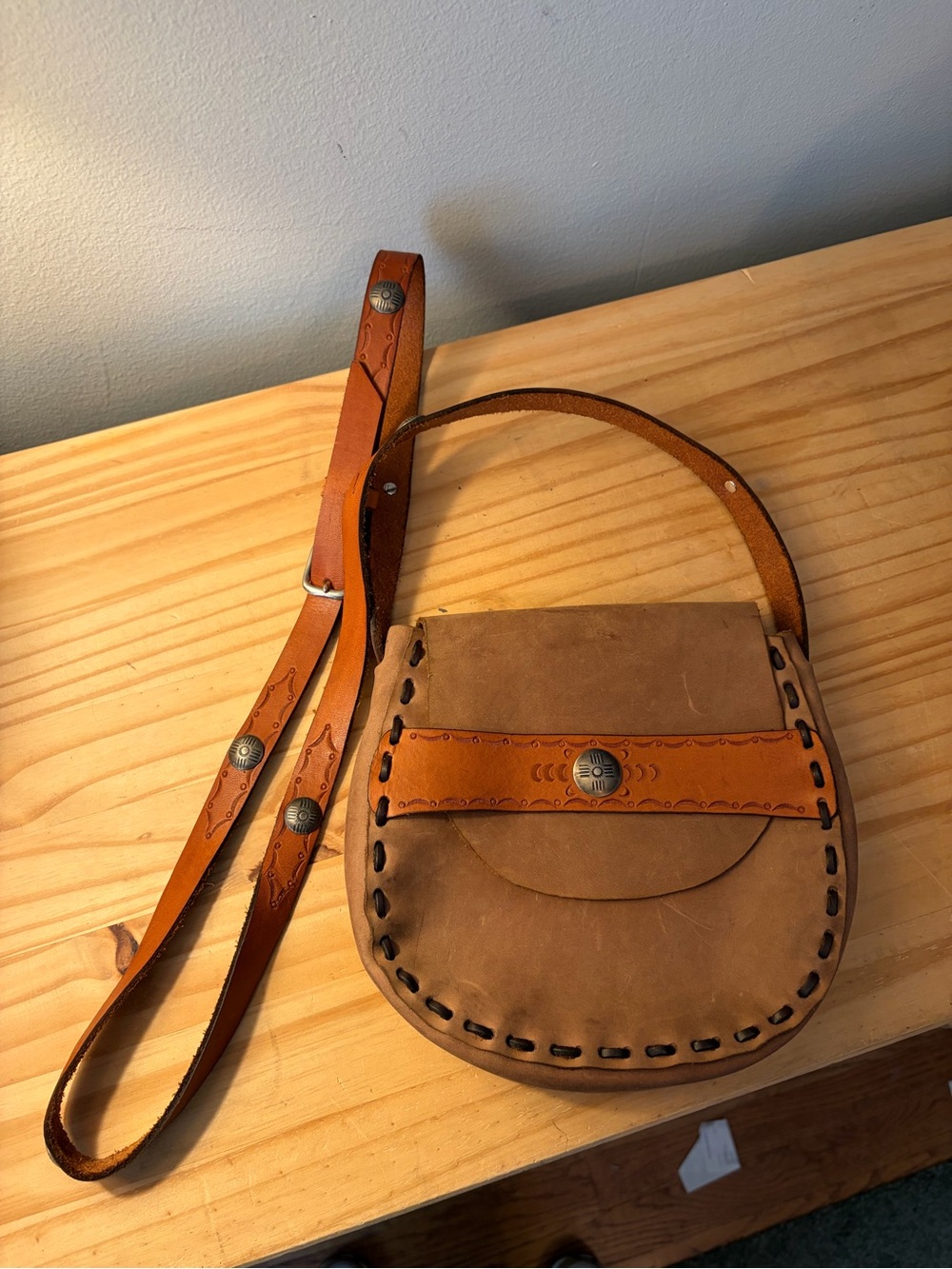Handcrafted Vintage Brown Leather Crossbody Bag with Tan Concho Strap